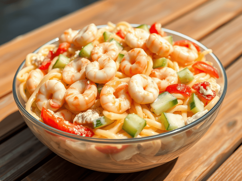 Fresh and creamy seafood salad pasta with shrimp, crab, and scallops, mixed with colorful vegetables and a creamy mayo dressing for a delicious summer dish