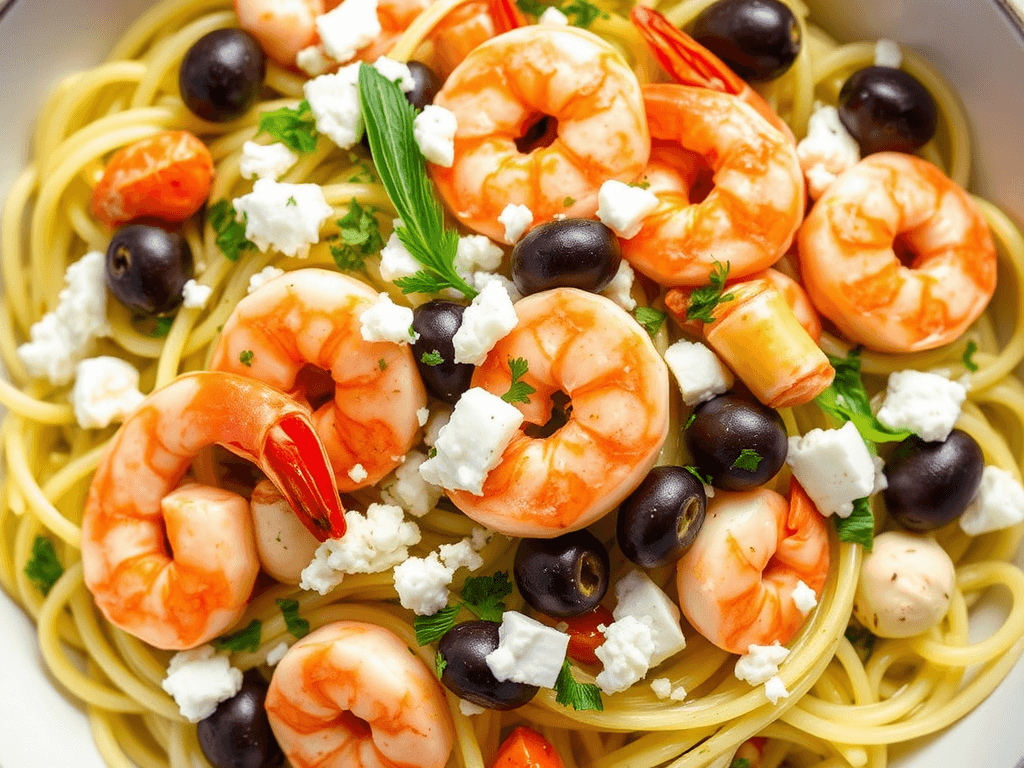 Healthy variations of creamy seafood salad pasta, with zucchini noodles for a keto twist and Mediterranean additions like olives, feta cheese, and fresh herbs