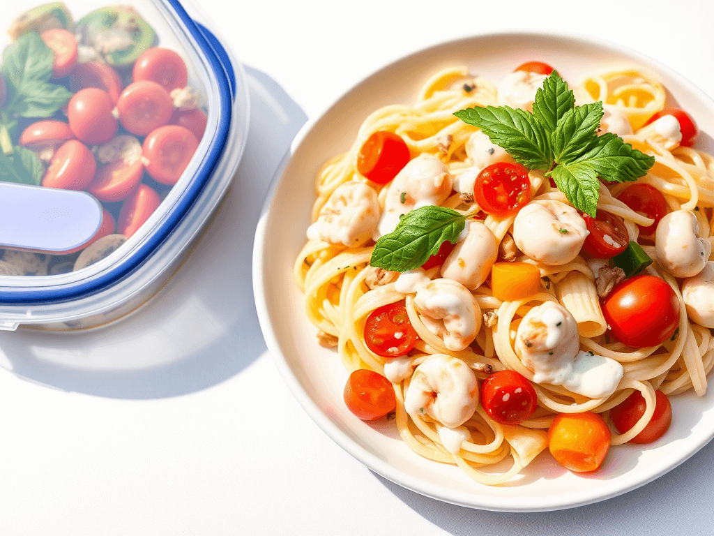 Serving and storing tips for creamy seafood salad pasta, including pairing suggestions for BBQs, picnics, and meal prepping for leftovers