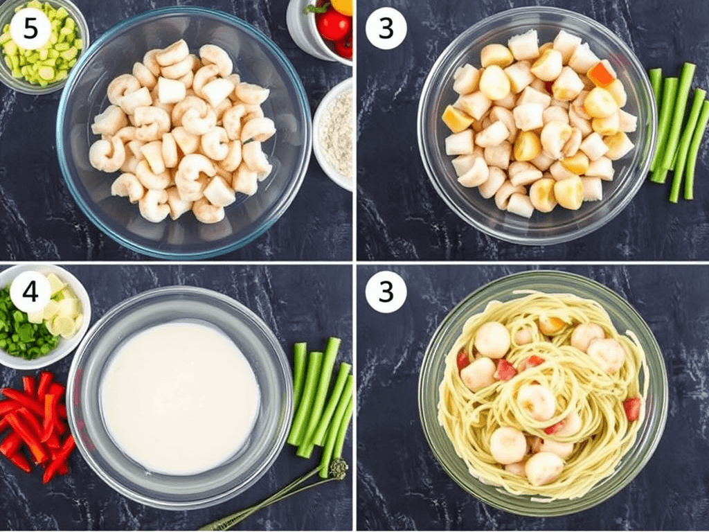 Step-by-step guide to making creamy seafood salad pasta with shrimp, crab, and scallops, including preparation of seafood, creamy dressing, and fresh vegetables